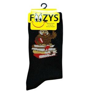 Foozys Women’s Black Owl Socks Whimsical Owl on Books Sock Size 9-11 New